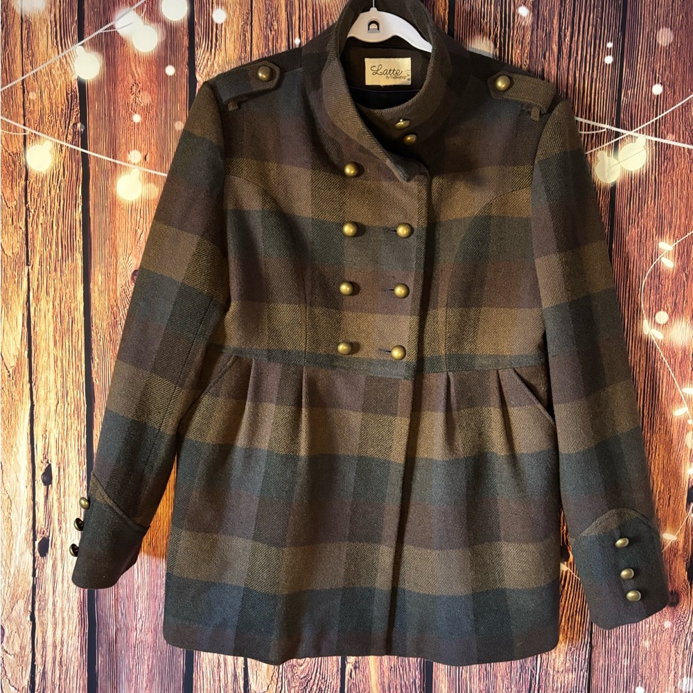 Latte by Coffeeshop Brown Plaid Wool-Blend Double Breasted Military Peacoat